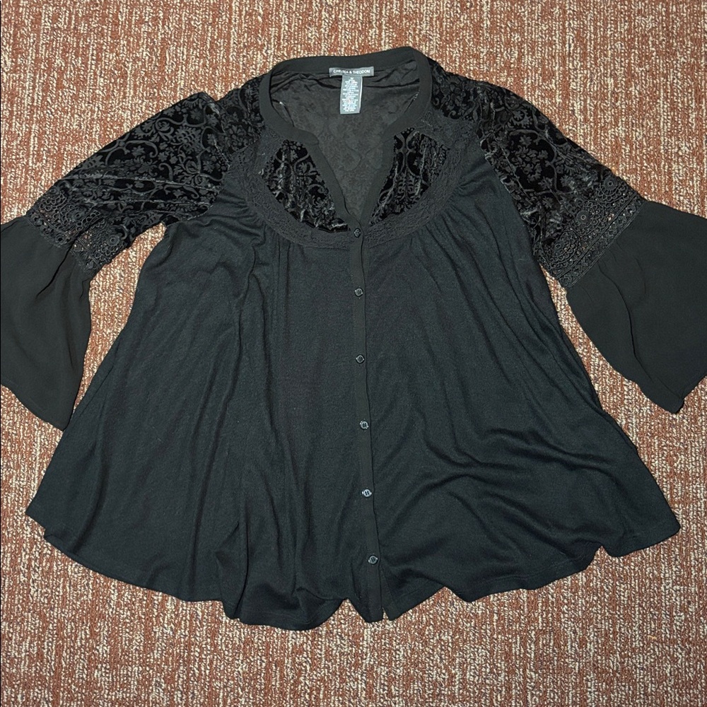 Chelsea & Theodore Blouse bell sleeve lace velvet flowy button down top boho M